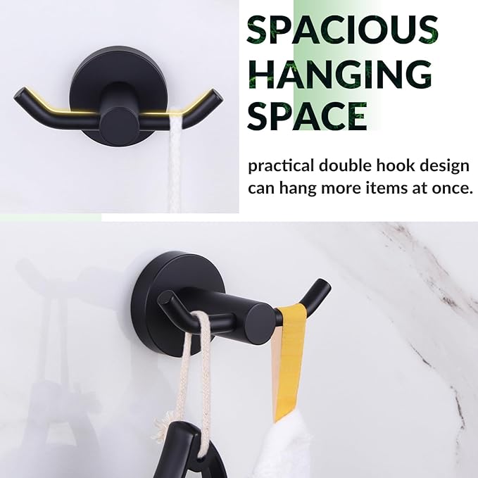 APLusee Double Bath Towel Hook, Premium Stainless Steel Coat Holder, Modern Bathroom Kitchen Storage Hanger Wall Mounted, Matte Black