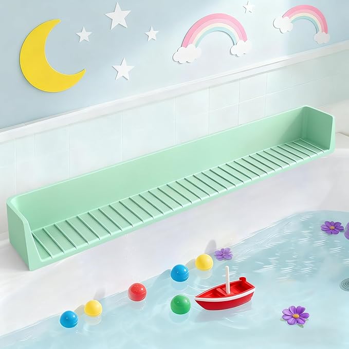 Bathtub Splash Guard for Tub Kids, Longer Silicone Water Splash Guard for Bathtub, Toy Holder Play Shelf for Bathtime，Silicone Tub Splash Guard Prevent Water Spills in Bathroom (Green)