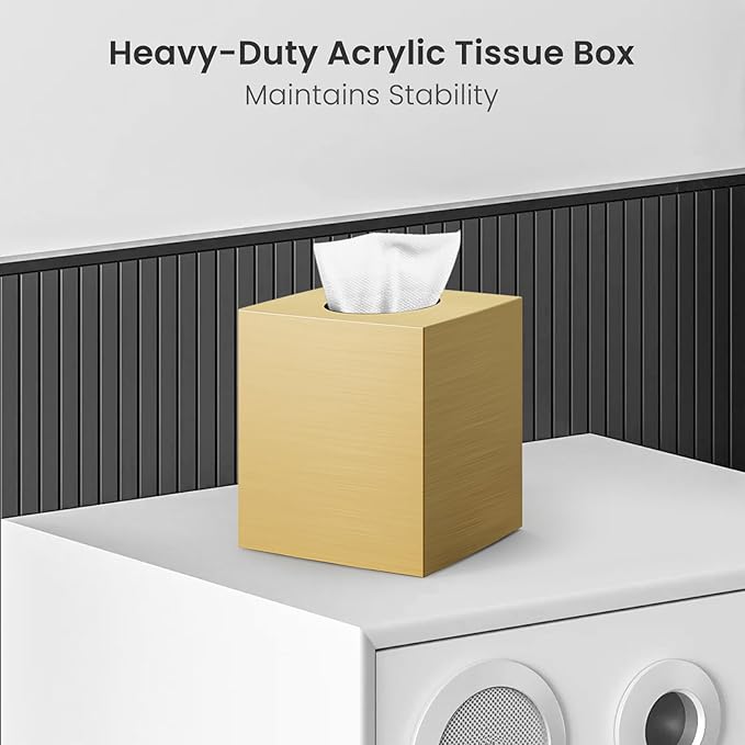 Tissue Box Cover, Square Modern Facial Acrylic Tissue Holder Napkin Dispenser Accessories for Bathroom Vanity Countertop,Bedroom Dresser,Night Stand,Desk,Office(Gold)