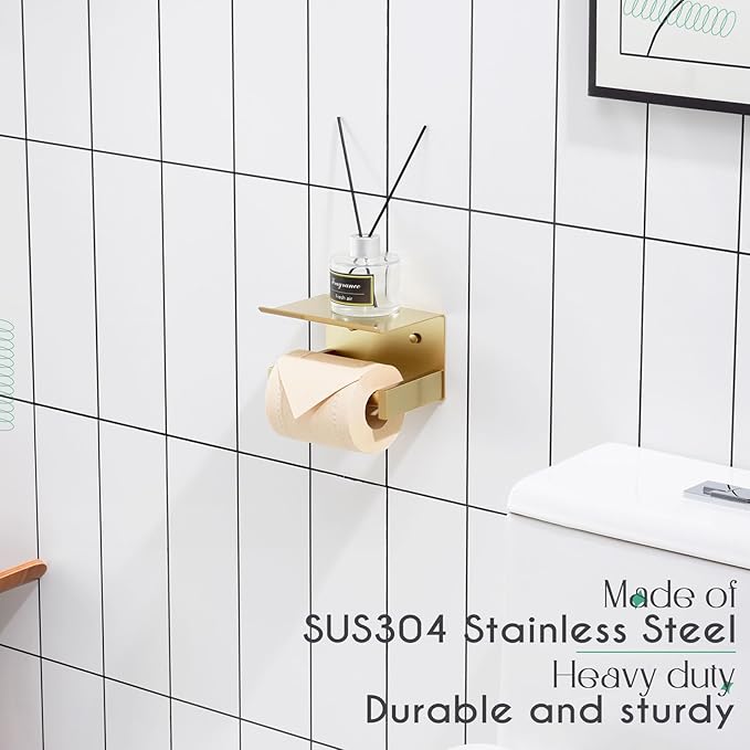 KOKOSIRI Roll Paper Holder Spring Loaded Tissue Paper Holder Bathroom Toilet Roll Holder with Shelf Wall Mounted Stainless Steel Brushed Gold B2012BG