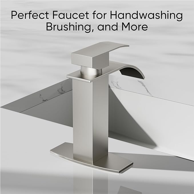 Hoimpro Brushed Nickel Waterfall Bathroom Faucet with cUPC Supply Lines, Single Hole Single Handle Bathroom Sink Faucet with Pop up Drain, Vanity Faucet with Deck Plate, Brushed Nickel(1 or 3 Hole)