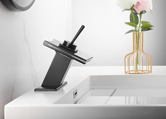 Black Sink Faucet Bathroom LED Light 3 Colors Changing Waterfall Glass Spout Hot and Cold Water Mixer Single Handle One Hole Deck Mounted Bathroom Faucet Lavatory Vanity Basin Mix Tap Commercial
