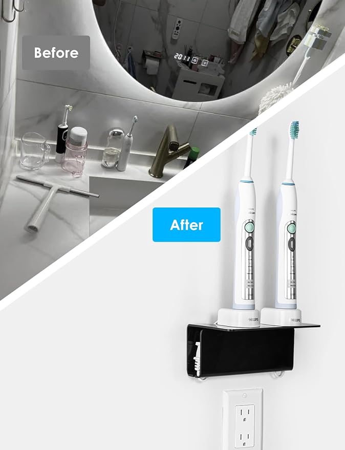 OAPRIRE Electric Toothbrush Holder Wall Mounted, Acrylic Electric Toothbrush Holder for Bathroom Come with Cable Organizer, Saving Space and Convenient Charging - Black
