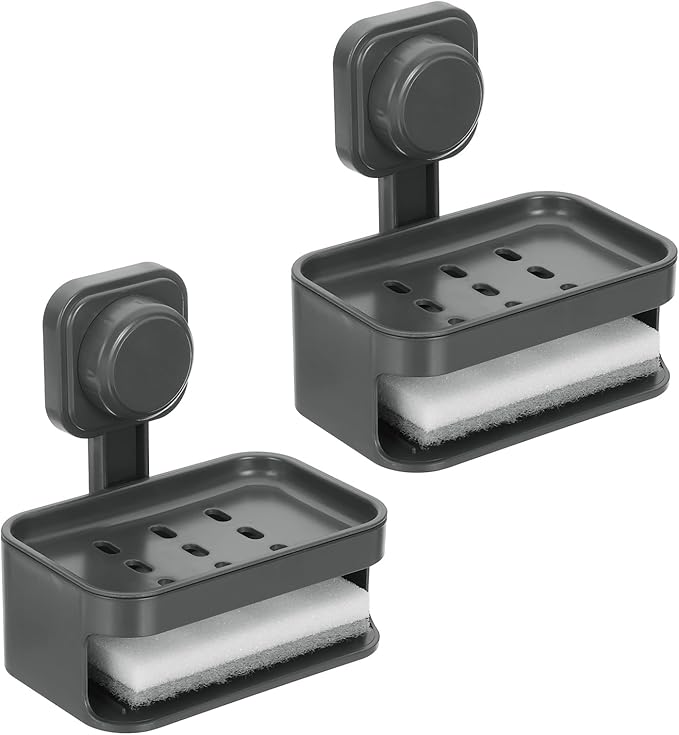 uxcell 2Pcs Suction Cup Soap Dish, Removable and Reusable Wall Mounted Double Bar Soap Holder for Shower No-Drilling Sponge Holder for Bathroom Kitchen, Gray