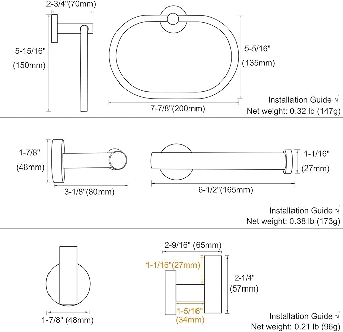Bathroom Hardware Set 4-Piece Brushed Gold, Angle Simple SUS304 Stainless Steel Bathroom Fixtures Accessory Kit with Towel Hook X 2, Toilet Paper Holder and Rotary Towel Ring, Wall Mount