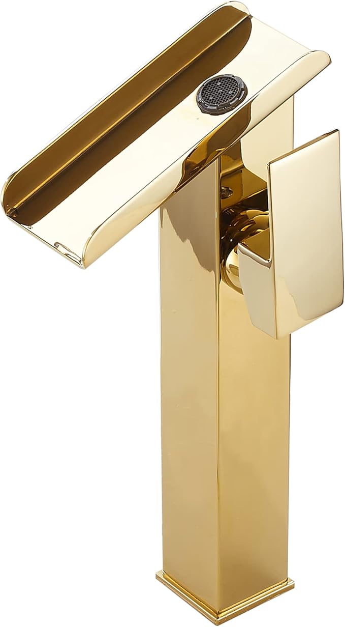 Bathroom Vessel Faucet Gold Waterfall Single Handle One Hole Bathroom Faucets Tall Body Brass Bath Vanity Lavatory Bowl Sink Contemporary Commercial Rustic Basin Mix Tap Deck Mount Water Supply Hose