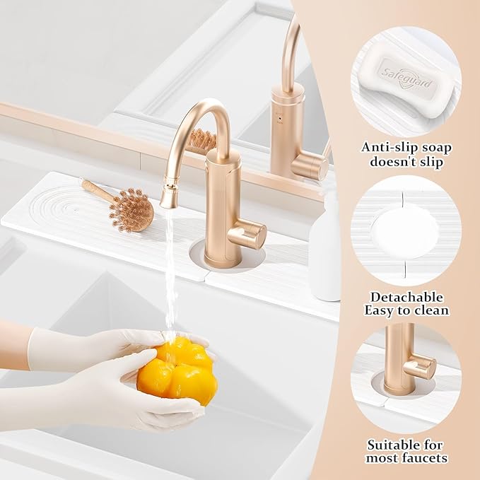Faucet Mat for Kitchen Sink, Super Absorbent Diatomite Fast Drying Stone, Sink Splash Guard and Bathroom Stone Tray, Stone Drying Mat for Counter (White, 15.8" x 4")