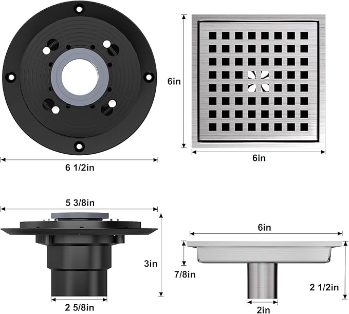 6 Inch Square Shower Drain, Shower Floor Drain with with Removable Square Hole Cover, 304 Stainless Steel Bathroom Drains with Flange (Brushed Nickel)