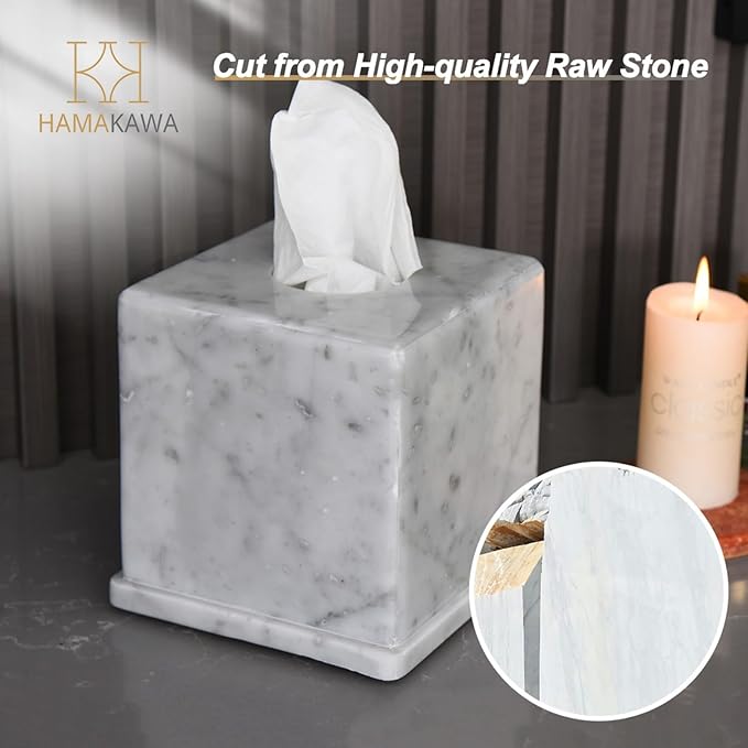 Natural Marble Tissue Box Cover, Carrara White Tissue Organizer 6 x 6 x 5.7 inch, Heavy Stone Decorative Box, Square Tissue Box Holder for Home Decor, Kitchen, Bathroom
