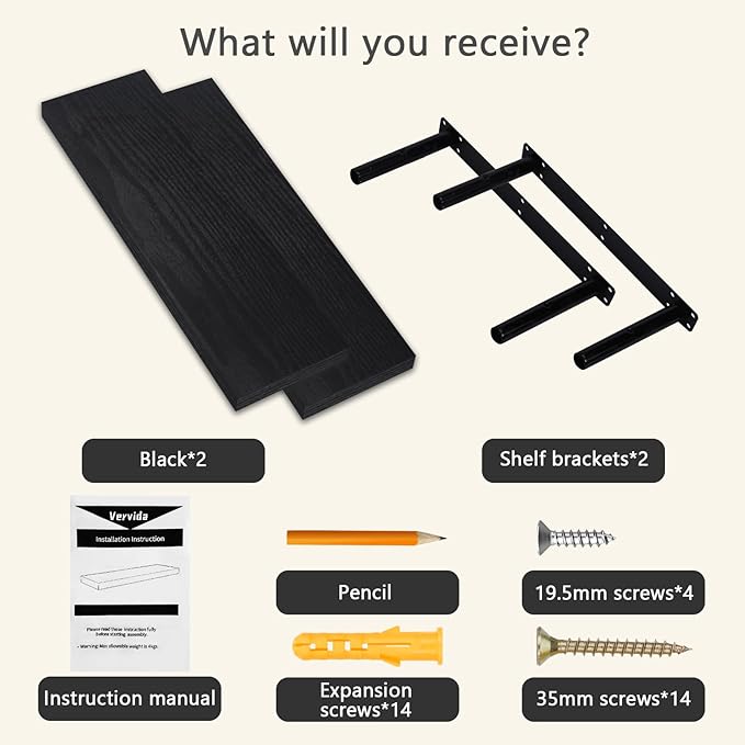 Vervida® Floating Shelves for Wall 2 Set of 24 W x 5.8" D for Kitchen, Living Room,Bathroom,Office,Bedroom Storage Shelves for Home Decor with Invisible Brackets Black Shelves for Wall Storage