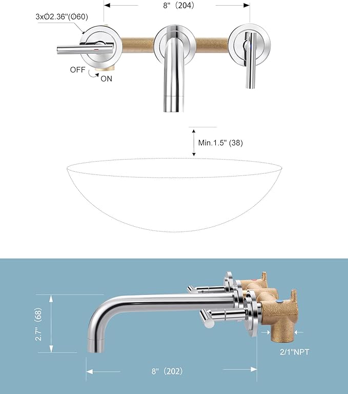 WOWOW Wall Mount Bathroom Faucet:Chrome Wall Faucet High Flow Two Handles Stainless Steels,Long Spout Reach,Widespread Bathroom Sink Faucet with Rough-in Valve 3 Holes Elegant Classic Spout