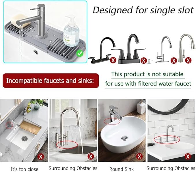 Silicone Faucet Mat, EK-Memory-fish Kitchen Faucet Mat Silicone Faucet Drip Catcher with Cuttable Circular Central for Kitchen Sink, Tailor-Made for Faucets with Deck Plate【Light Grey】