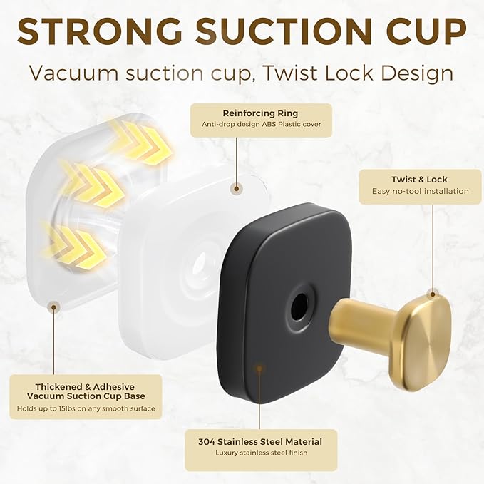 Suction Cup Hooks for Shower, No-Drill Towel Hooks for Bathrooms, Kitchen, Glass Door, Mirror, Tile, Shower Suction Hooks for Hanging Towels, Robe, Loofah, Christmas Wreath (Black&Gold, 4 Pack)