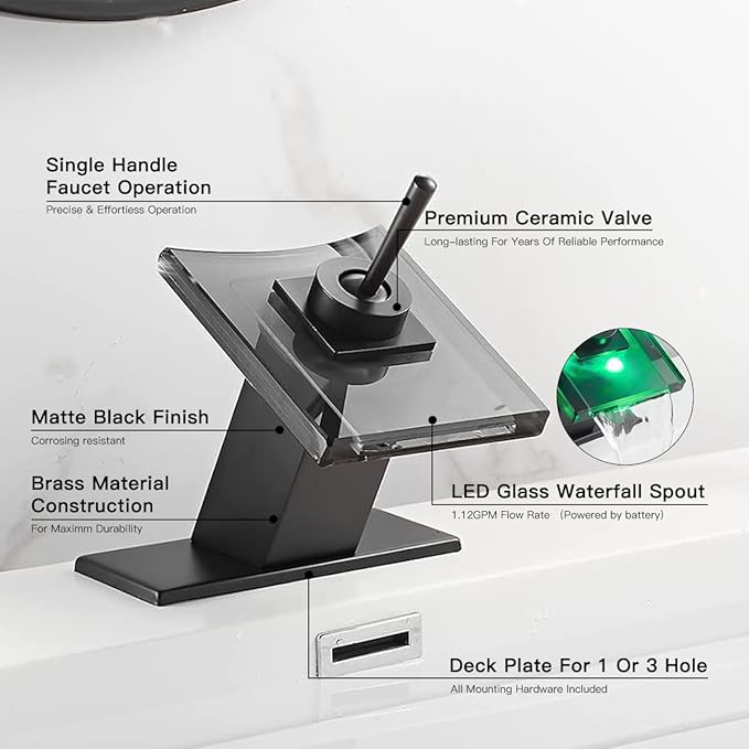 Black Sink Faucet Bathroom LED Light 3 Colors Changing Waterfall Glass Spout Hot and Cold Water Mixer Single Handle One Hole Deck Mounted Bathroom Faucet Lavatory Vanity Basin Mix Tap Commercial
