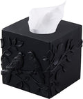 Black Marble Relief Birds Square Tissue Box Cover Decorative,Resin Heavy Sturdy Tissue Box Holder, Facial Paper Holder for Bathroom Vanity Countertop, Bedroom Night Stand,Office and End Table