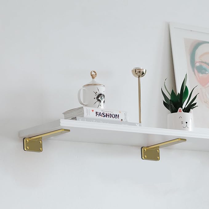 Floating Shelf Brackets upgraded, 10 inch, Gold Heavy Duty Iron Shelf Brackets, Industrial Modern Floating Shelf Support for Wall Mount Shelves,4 Pack, Wide Brackets ,Support DIY(5mm Thickening Type).