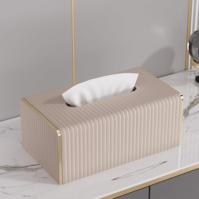Tissue Box Cover,Beige Rectangle Leather Tissue Box Holders with Gold-Tone Edging Accents,Decorative Tissue Covers for Bathroom Toilet Bedroom Living Room Table Desk Office Car