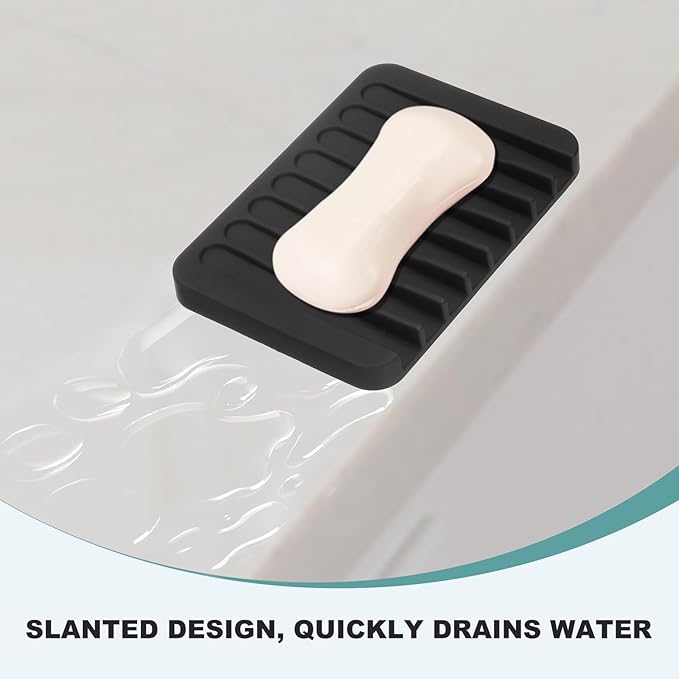 uxcell 2 Pcs Self Draining Silicone Soap Dish, Soap Tray with Drainage for Bathroom Shower Kitchen Sink, 4.5" x 3.1" x 0.4", Black