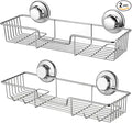 Suction Cups Compact Shower Caddy Bath Shelf with Hooks, Rustproof Stainless Steel Rectangle Storage Basket for Bathroom Kitchen Organizer, 2 Pack