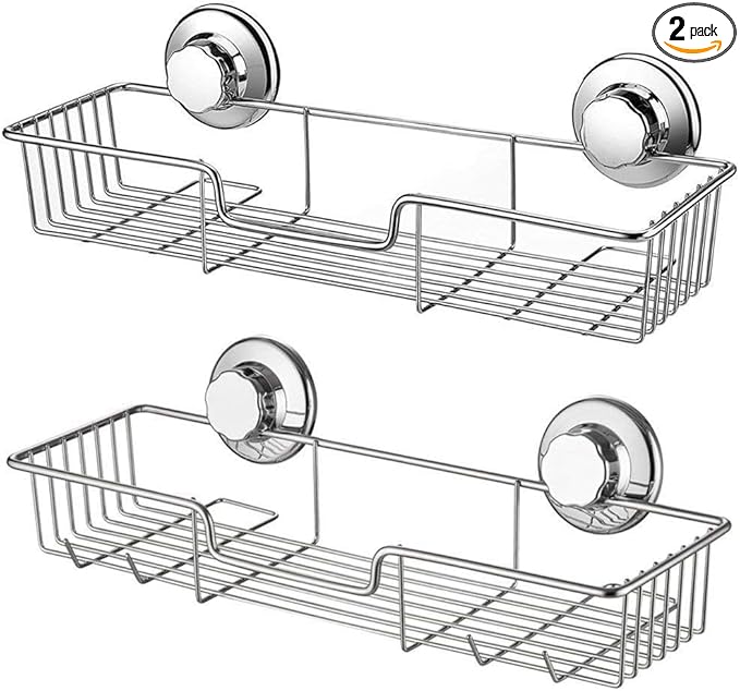Suction Cups Compact Shower Caddy Bath Shelf with Hooks, Rustproof Stainless Steel Rectangle Storage Basket for Bathroom Kitchen Organizer, 2 Pack