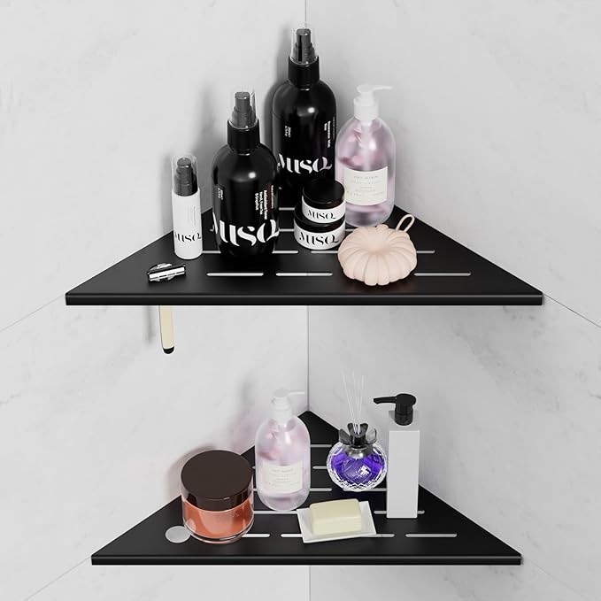 10" Corner Shower Shelf, 304 Stainless Steel Shower Caddy with Razor Hole, Shower Shelf for Inside Shower, Modern Sturdy Shelves for Tile Walls, Bathroom Shelves (Black)