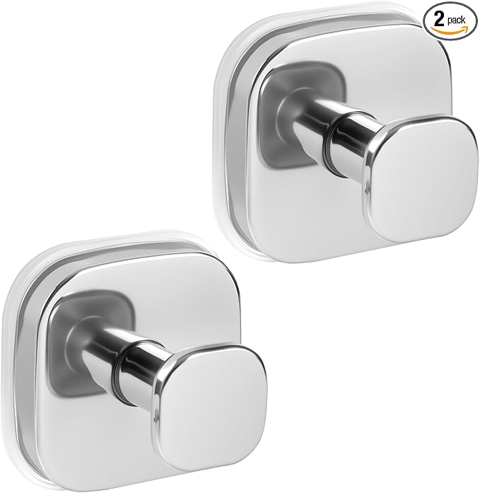Suction Cup Hooks for Shower, No-Drill Towel Hooks for Bathrooms, Kitchen, Glass Door, Mirror, Tile, Shower Suction Hooks for Hanging Towels, Robe, Loofah, Christmas Wreath (Chrome, 2 Pack)