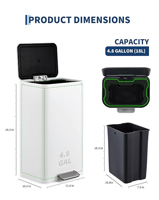 Garvee Space-Saving Office Trash Can, 4.8 Gallon Trash Can with Soft-Close Lid, Foot Pedal & Removable Inner Bucket, Rectangular Stainless Steel Garbage Can for Small Kitchen, Home, Garage, White