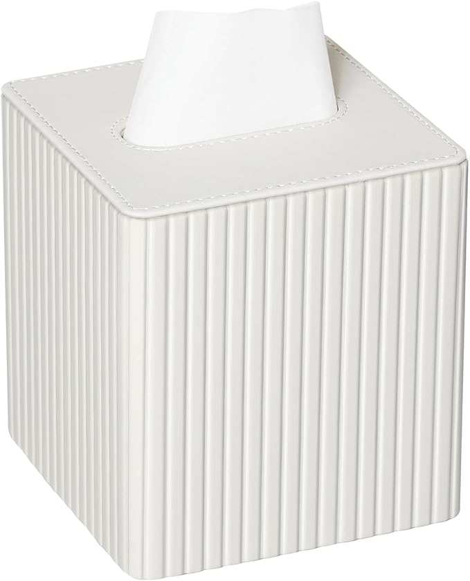 PU Leather Tissue Box Cover Square Tissue Box Holder with Magnetic Closure (Ivory Stripe)