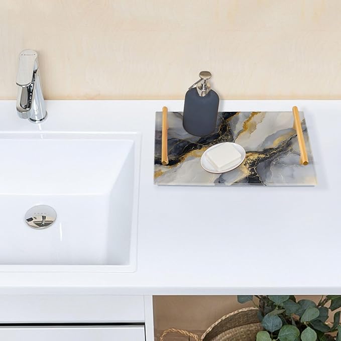 Gold and Black Marble Vanity Tray Acrylic Decorative Serving Tray Coffee Table Tray for Bathroom Living Room Bedroom