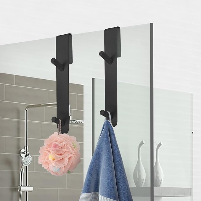 Shower Door Hook, Extended Length Frameless Shower Door Hook (7 Inch), Heavy-Duty Bathrobe Towel Stainless Steel Hook, No Drilling or Adhesive Required, 2-Pack, Black