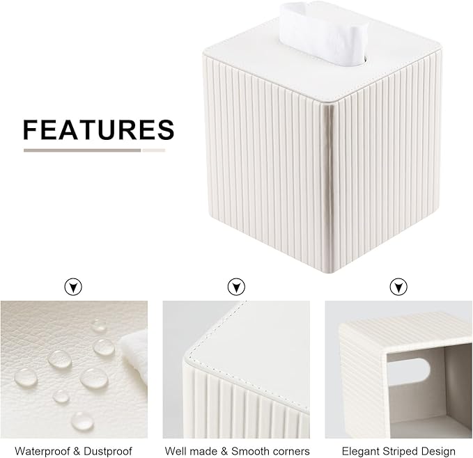 KINGFOM Square Pu Leather Tissue Box Cover, Modern Facial Tissue Holder, Roll Tissues Paper Case Dispenser for Bathroom Vanity Countertop, Night Stands, Office Desk (Off-White Strips)