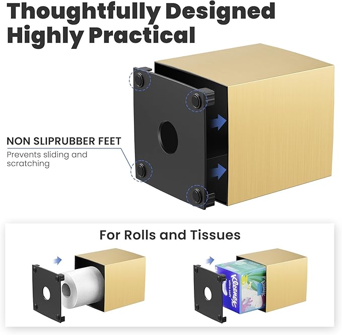 Tissue Box Cover, Square Facial Acrylic Tissue Box Holder with 2 Pack Clear Qtip Holder Dispenser, Bathroom Vanity Dresser Night Stand Essentials Accessories Decor, Modern Farmhouse Decor, Gold