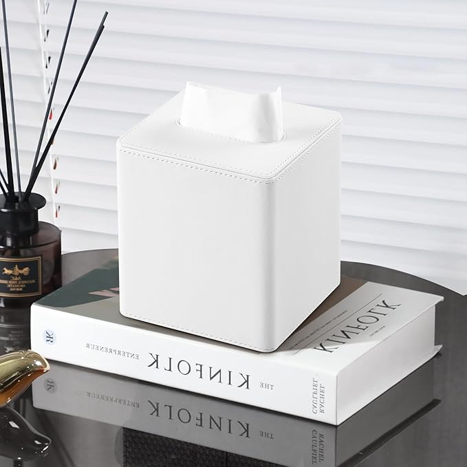 PU Leather Tissue Box Cover Square Tissue Box Holder with Magnetic Closure (White)
