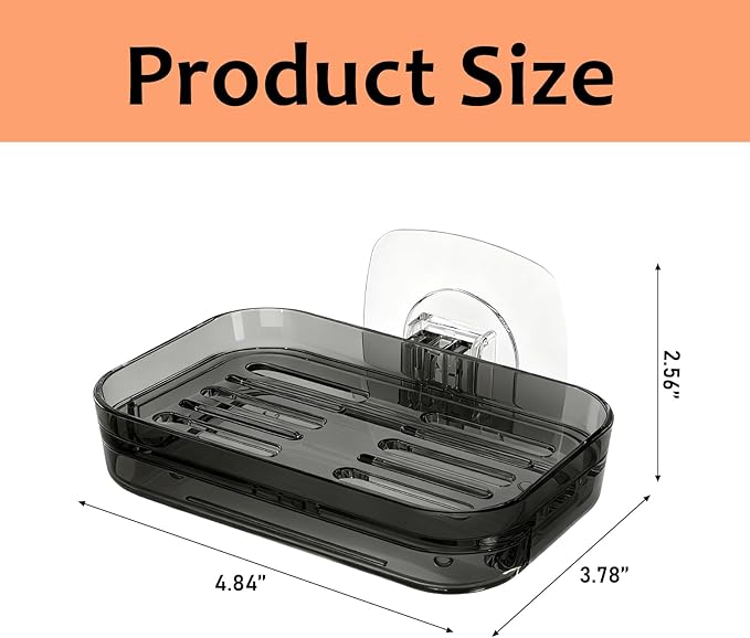 Soap Dish for Shower Semi-Transparent Gray with Self-Draining Design - No Drilling Required Strong Adhesive Mount for RV Bathroom and Kitchen Easy to Clean（Transparent Gray）