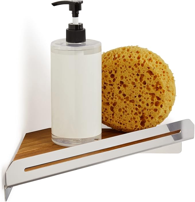 Seachrome Corner Shower Shelf in a Polished Finish with a Natural Teak Wood Insert