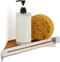 Seachrome Corner Shower Shelf in a Polished Finish with a Natural Teak Wood Insert