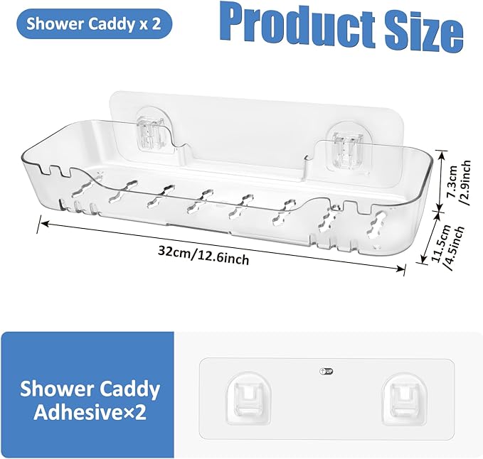 2 Pack Acrylic Shower Shelves, Adhesive Shower Organizer Wall Mounted Shower Caddy Bathroom Organizers and Storage No Drilling, Quick-Dry, Easy to Clean and Install, Clear