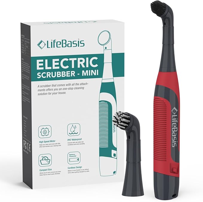 LifeBasis Cordless Electric Cleaning Brush, Mini Power Scrubber for Cleaning Waterproof Grout with 2 Brush Heads for Bathroom Kitchen Tile Crevice Corner - Red (Batteries Included)