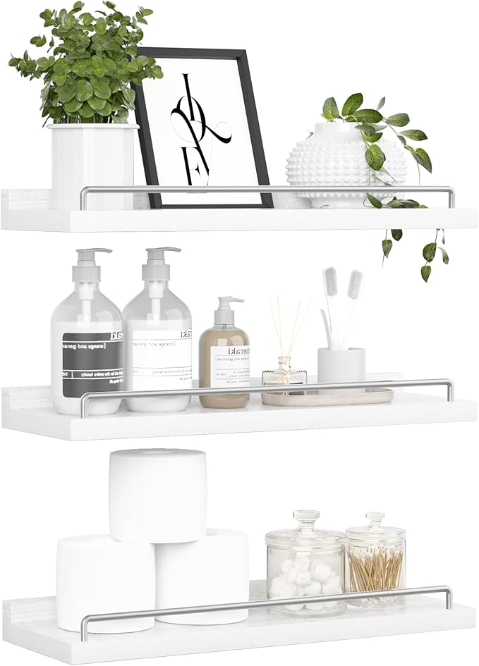 Floating Shelves for Wall Decor, White and Grey Shelves for Bathroom, Living Room, Bedroom, Picture Frames, Plants, Kitchen (Set of 3)