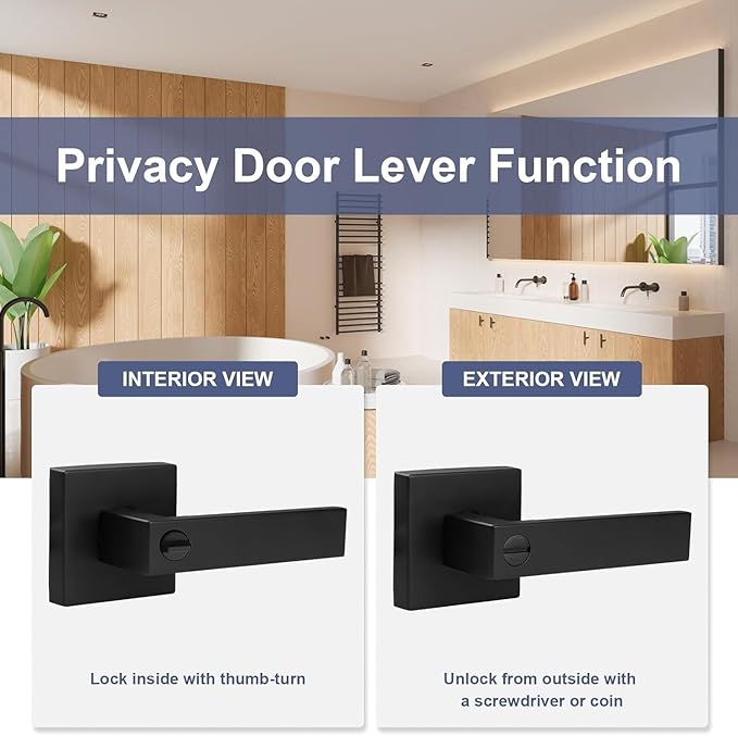 Estmoon 2 Pack Privacy Door Levers Door Handle Matte Black Interior Door Knobs Keyless Door Locks for Bedroom or Bathroom, Left or Right Handing Levers