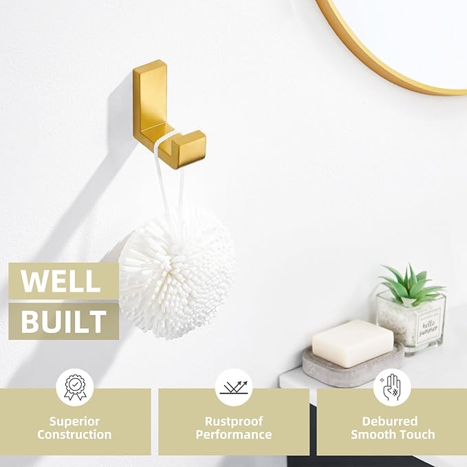 Angle Simple Towel Hook for Bathroom, SUS 304 Stainless Steel Shower Wall Coat Hook, Bath Robe Holder Hanger, Brassy Gold