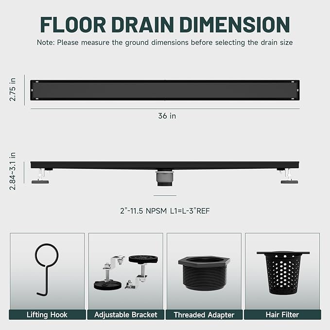 36-Inch Linear Shower Floor Drain, Stainless Steel Bathroom Floor Drains, Rectangular Shower Trench Floor Drain, Hair Strainer, Matte Black