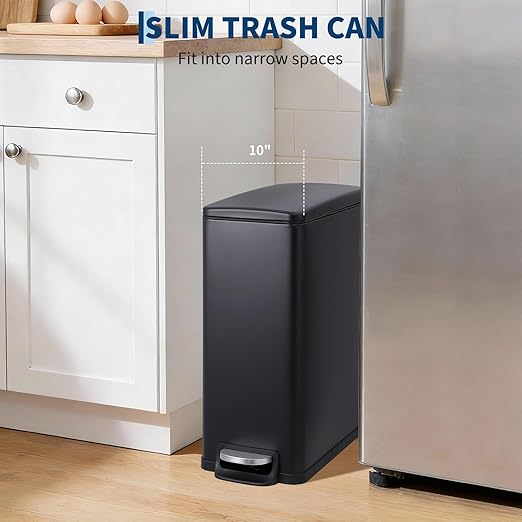 Garvee Slim Trash Can with Lid, 12 Gal (45 L) Stainless Steel Kitchen Garbage Can with Inner Bucket and Step On Foot Pedal, Narrow Metal Trash Bin, Black