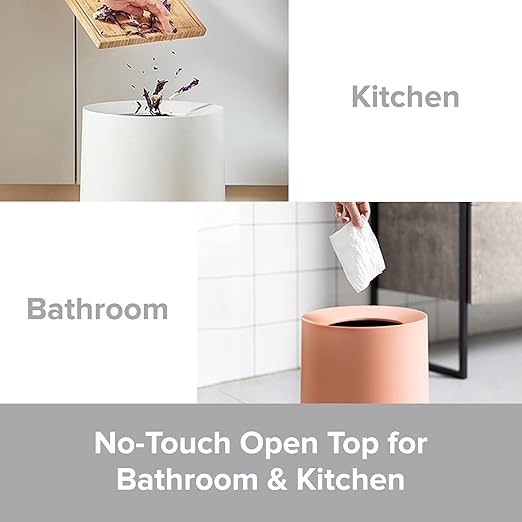 Modern Round Waste Basket - 2.1Gal/7.9L Open Top Trash Bin - Gray Garbage Can with Removable Plastic Bin Liner - Touchless Bathroom Garbage Can or Trash Can for Kitchen - Minimalist Office Trash Can