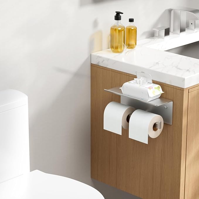 FORIOUS Toilet Paper Holder with Shelf, 304 Stainless Steel Wall Mount Commercial Toilet Paper Dispenser, Double Tissue Roll Holder for Bathroom, Brushed Nickel
