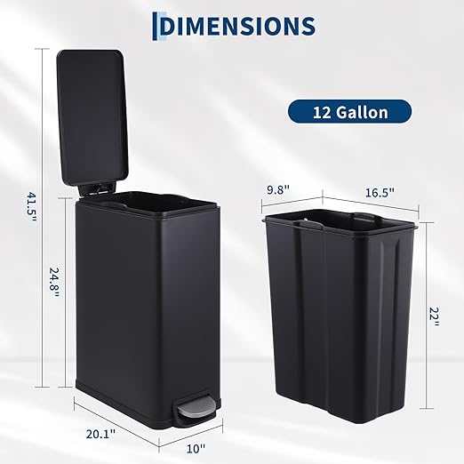Garvee 12 Gal and 2.6 Gal Stainless Steel Trash Can Combo Set, Slim Garbage Can for Kitchen and Bathroom, Metal Trash Bin with Removable Inner Bucket & Step On Foot Pedal, Black