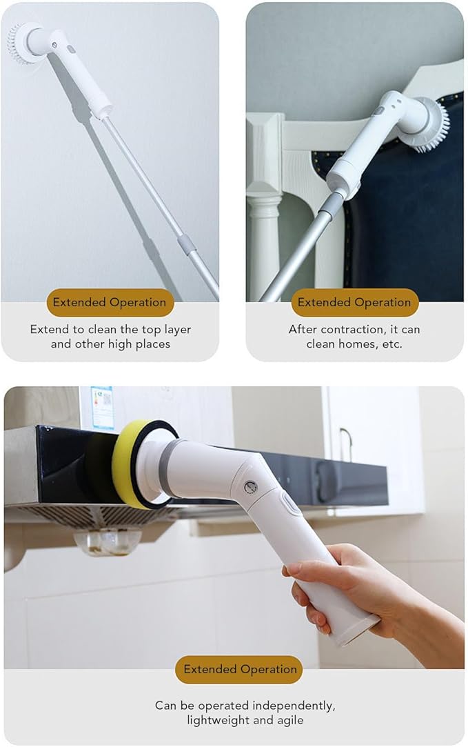 Electric Scrubber, 25W Cordless Brush with 6 Brush Heads, 2 Speeds, Adjustable Length, IPX6 Water Proof, for Bathroom Kitchen Tile Floor