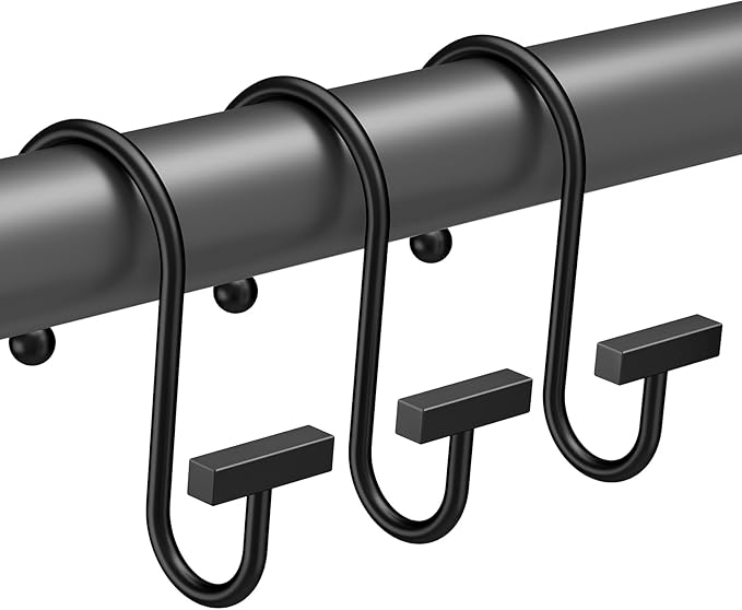 Shower Curtain Hooks, Black Shower Curtain Rings Rust Proof, 12PCS Shower Hooks for Shower Curtain, T-Bar Design Convenient Elegant Shower Curtain Hangers for Bathroom Kitchen Wardrobe