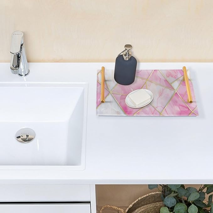 Pink Marble Vanity Tray Acrylic Bathroom Countertop Tray Marbling Decorative for Kitchen Desk Organizer Makeup Storage Tray