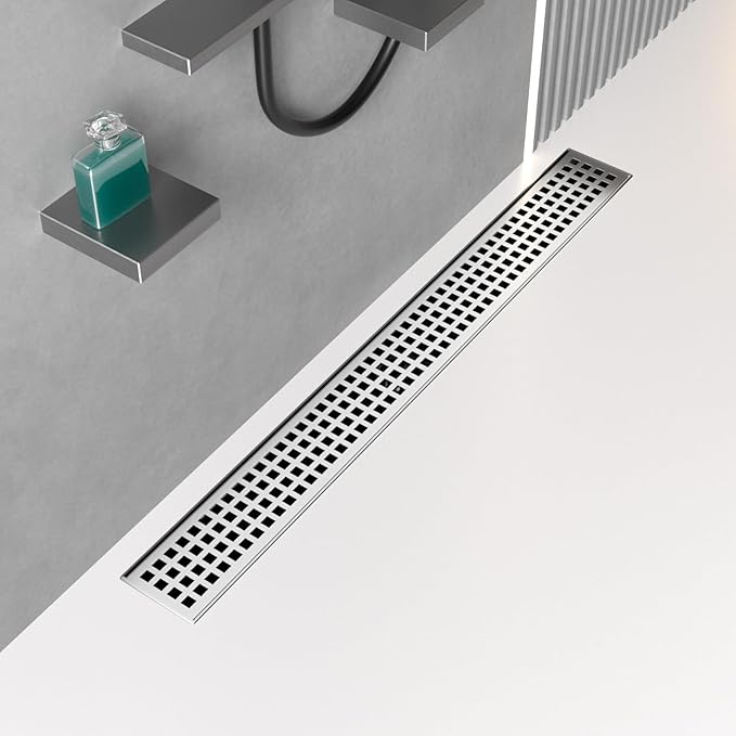 24 Inch Linear Drain Shower Rectangular Floor Drain with Removable Square Hole Cover and Hair Catcher, Long Shower Drains 304 Stainless Steel CUPC Certified (Brushed Nickel)